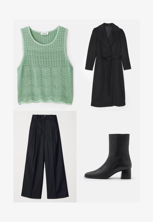 Schwarzer Wollmantel mit einem doppelten Knopfdesign, breiten Revers, langen Ärmeln und einem passenden Gürtel in der Taille. Glatte Textur, minimale Details.; Grünes gestricktes ärmelloses Oberteil mit strukturiertem Wellenmuster, ausgestattet mit einem runden Ausschnitt und geradem Saum. Etikett: Sandro.; Schwarze weit geschnittene Hosen aus glattem Stoff, mit hoher Taille, Falten und einer taillierten Passform. Einfaches schwarzes Zubehör an der Taille.; Schwarze Leder-Ankle-Boots mit spitzer Zehenpartie und einem klobigen, quadratischen Absatz. Glatte Textur mit nahtlosem Design und minimalistischem Nähen.