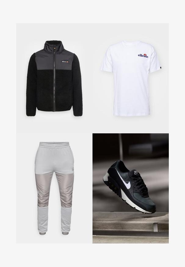 Čierna fleece bunda s lesklou čiernou nylonovou hornou časťou, plný zips, vysoký golier a logo na prsiach. Mäkká textúra s kontrastným povrchom.; Biela bavlnená tričko s krátkymi rukávmi, na ľavej hrudi s námornícko modrým vyšitým logom a živou farebnou akcentáciou nad logom.; Ellesse SOPRANZI PANT - Tepláky - grey; Čierne a zelené tenisky s vzorovaným sieťovaným zvrškom, bielym logom Swoosh, polstrovaným golierom a viditeľnou vzduchovou tlmiacou jednotkou v podrážke.