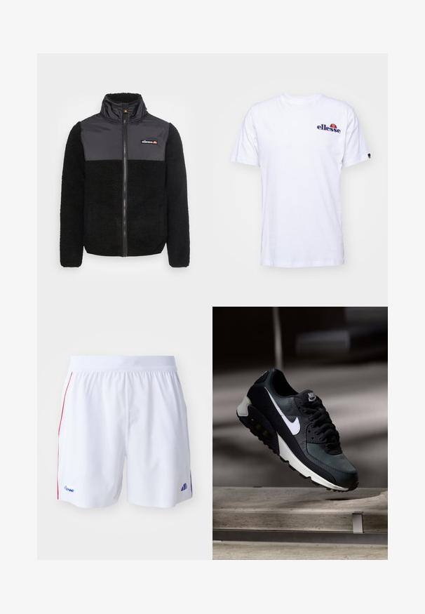 Mustan fleece-takkia, jossa on kiiltävä musta nylon yläosa, täyspitkä vetoketju, korkea kaulus ja logo rinnassa. Pehmeä rakenne, jossa on vastaava viimeistely.; Valkoinen puuvillainen t-paita lyhythihaisilla hihoilla, jossa on tummansininen brodeerattu logo vasemmassa rinnassa ja kirkas värikorostus logon yläpuolella.; Valkoiset urheilushortsit, joissa on punaiset sivujuovat, joustava vyötärö ja sininen logo. Liukas kangas ja keskipitkä mitoitetus. ; Mustat ja vihreät lenkkarit, joissa on kuvioitu verkkopinta, valkoinen swoosh-logo, pehmustettu nilkkapitoinen osa ja näkyvä ilmaa vaimentava yksikkö pohjassa.