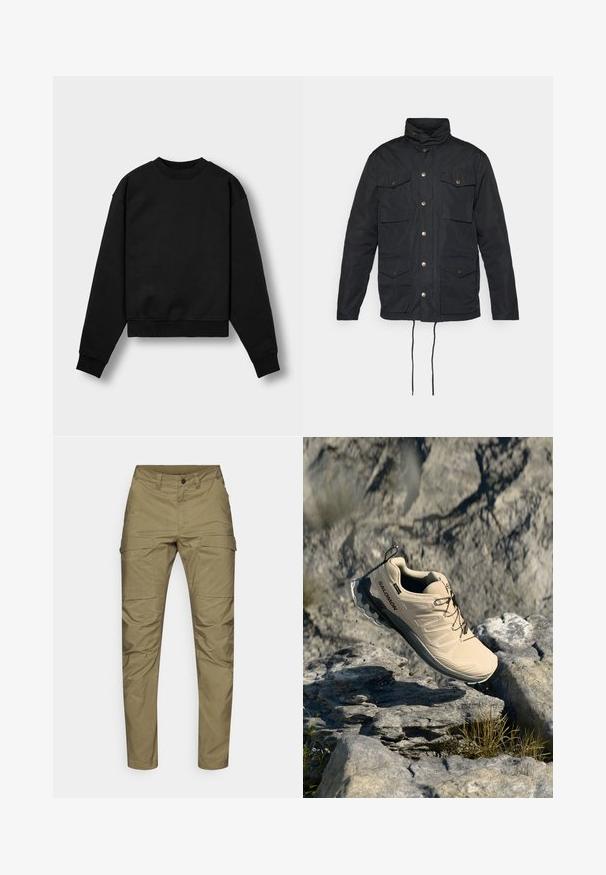 Fekete dzseki magas gallérral, gombos záródással, négy elülső zsebbel és állítható zsinórral a deréknál. Simább, tartós anyag.; Fekete, rövidített kapucnis felső hosszú ujjakkal, kerek nyakkivágással és bordás mandzsettákkal. Puha anyagú textúrával és minimalista dizájnnal rendelkezik.; Tartós anyagból készült khaki színű cargo nadrág, egyenes szárú kialakítással, több elülső zsebbel és cipzáras, gombbal záródó mellrésszel.; Barna Salomon terepfutó cipő a levegőben, sziklás kültéri táj felett, ahol szórványosan fű és apró kövek találhatók.