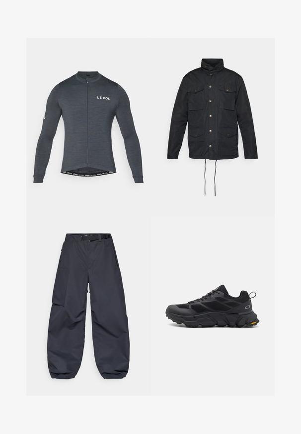 Juodas švarkas su aukštu apykakle, sagčių uždarymu, keturiomis priekinėmis kišenėmis ir reguliuojamomis raištelių juosmenyje. Sklandus, patvarus audinys.; Tamsiai pilkas ilgomis rankovėmis dviratininko džersis, su priekiniu užtrauktuku ir baltu "LE COL" logotipu ant krūtinės bei rankovės. Elastingas, prigludęs dizainas.; Tamsiai pilki krovinių šortai, pagaminti iš minkštos, patvarios medžiagos. Juose yra platus, laisvas kirpimas, daugybė kišenių ir reguliuojama juosmens juosta.; Juodi sportiniai batai su storu padu, tinklinėmis ir sintetinėmis medžiagomis, tekstūruotais akcentais ir Vibram prekės ženklu ant pado.
