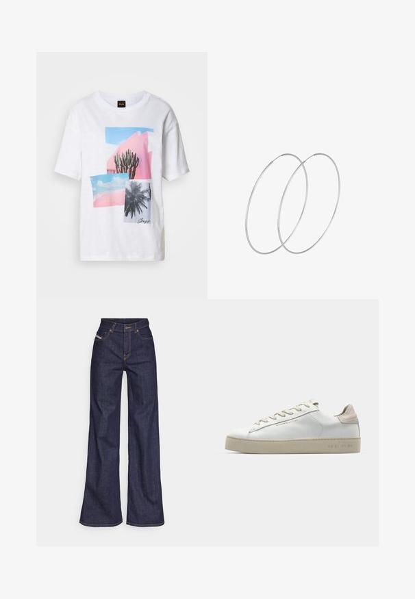 Navy blue trench coat with a belted waist, large collar, and buttoned cuffs. Made from a smooth fabric, features a quilted lining.; White short-sleeve t-shirt featuring a collage print with cacti and palm trees, in shades of pink and blue, with a textured fabric.; Dark blue wide-leg jeans in denim fabric with a high waist, featuring orange stitching, five-pocket design, and a button closure.; White leather sneaker with a smooth finish, beige suede accents, round toe, flat lace-up design, and a textured rubber sole.; Silver hoop earrings with a minimalist design. Circular shape, smooth texture, and thin profile. Lightweight with a polished finish.