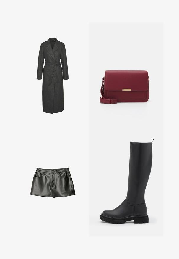 Lang grå uldfrakke med bælte i taljen, notched revers og lange ærmer. Har en lige silhuet og en struktureret finish.; Bordeaux langærmet top med rund halsudskæring, lavet af blødt stof. Har en tætsiddende design og lige kant. Ingen mønstre eller detaljer synlige.; Sort læder mini nederdel med en glat tekstur, der har to forlommer og metalknapdetaljer. Kort længde og klassisk snit.; Sort knæhøj støvle lavet af glat, mat materiale med en kraftig sål, rund tå og et trækstrop øverst for nem påklædning.; Anna Field Skuldertasker - bordeaux