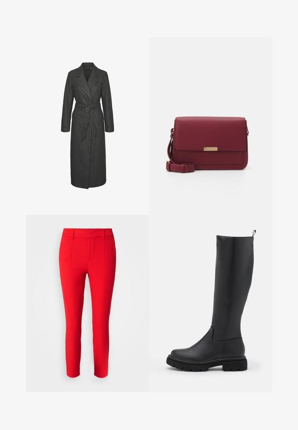 Dolga siva volnena bunda z pasom v pasu, ovratniki z režami in dolgimi rokavi. Ima ravno silhueto in teksturiran zaključek.; Bordeaux dolga majica s krojem okroglim izrezom, izdelana iz mehkega materiala. Ima prilegajoč kroj in ravno spodnjo rob. Brez vzorcev ali okrasnih detajlov.; Object OBJLISA SLIM PANT - Hlače - flame scarlet; Črne škornje do kolen, izdelane iz gladkega mat materiala, z debelim podplatom, zaobljenim prstom in zanko na vrhu za enostavno oblačenje.; Anna Field Torba čez telo - bordeaux