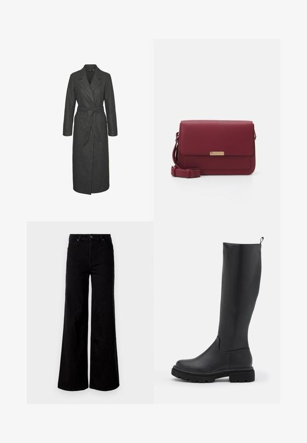 Długi szary wełniany płaszcz z paskiem w talii, klapami i długimi rękawami. Charakteryzuje się prostym krojem i teksturowanym wykończeniem.; Burgundowa bluzka z długim rękawem i okrągłym dekoltem, wykonana z miękkiego materiału. Posiada dopasowany krój i prosty dół. Brak widocznych wzorów lub akcentów.; Czarne, wysokie spodnie dżinsowe z szerokimi nogawkami, z kieszeniami z przodu i z tyłu, z zapięciem na guzik i szlufkami na pasek na jednolitym białym tle.; Czarne kozaki do kolan wykonane z gładkiego, matowego materiału, z masywną podeszwą, zaokrąglonym noskiem i pętelką na górze ułatwiającą zakładanie.; Anna Field - Torba na ramię