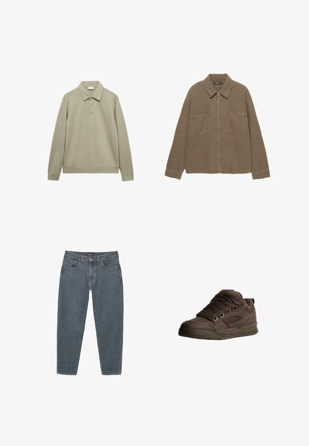 Ruskea vetoketjujakku pitkillä hihoilla, jossa on kaksi rintataskua ja kaulus, valmistettu kestävästä kankaasta.; Mango Pikeepaita - khaki; Tummansiniset farkut rentoa istuvuutta, viisi-taskista muotoilua, napitus ja hieman kuluneet lahkeensuukkeet. Kestävä materiaali, jossa on hienovarainen tekstuuri.; Ruskeat urheilukengät, jotka on valmistettu sileästä synteettisestä materiaalista. Varustettu paksuilla nauhoilla, verkko-akkenteilla, pehmustetulla nilkkasaumalla ja teksturoidulla kumipohjalla.