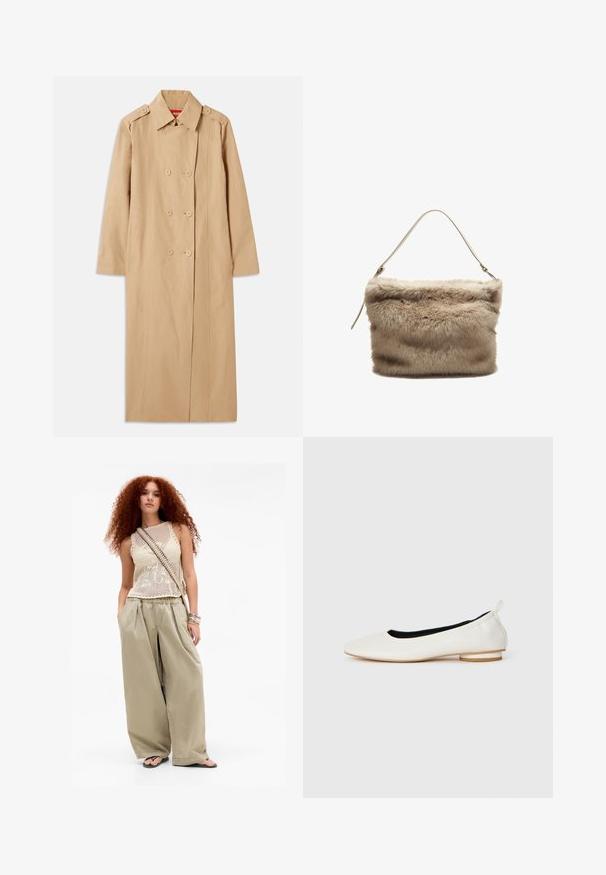 Beżowy płaszcz trench z podwójnym zapięciem, z guzikami jako akcentami i kołnierzem. Posiada długie rękawy i prostą sylwetkę. Gładka textura.; Długi rękaw, bluzka z okrągłym dekoltem w kolorze kremowym, wykonana z miękkiego materiału. Posiada prosty krój i minimalistyczny design bez ozdób.; Młoda kobieta z długimi kręconymi czerwonymi włosami, nosząca beżowy bezrękawnik, szerokie khaki spodnie, klapki, torbę na ramię i bransoletki.; Białe skórzane baleriny z okrągłym noskiem, niskim podwyższonym obcasem, czarnym wnętrzem i pętelką z tyłu, zaprezentowane w profilu bocznym na białym tle.; Torebka z futra syntetycznego w jasnym beżu o miękkiej, teksturowanej powierzchni. Posiada jeden cienki pasek i prostokątny kształt z puszystą górną krawędzią.