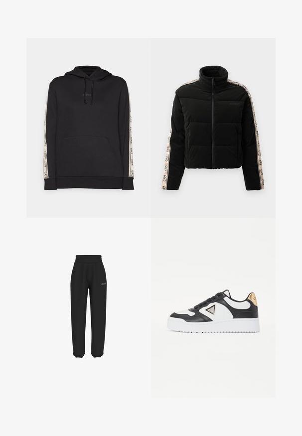 Giubbotto puffer nero con colletto alto, chiusura a zip e maniche decorate con un accento logo beige. Design a righe orizzontali.; Felpa nera in misto cotone, con tasca frontale a marsupio, cordini regolabili e strisce laterali bianche a motivo.; Pantaloni della tuta neri realizzati in materiale morbido con cintura elastica e polsini; presenta un logo discreto sulla zona dei fianchi.; Sneaker bianco e nero con pelle e tessuto testurizzato, caratterizzato da un logo triangolare, un accento dorato sul tallone e una suola in gomma bianca.