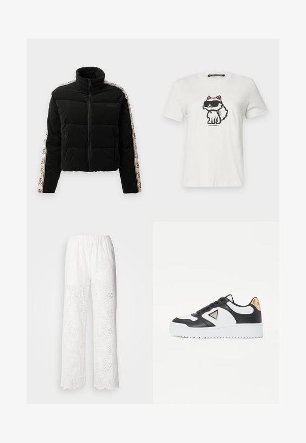 Veste doudoune noire avec un col montant, fermeture éclair, et des manches à motifs avec un accent logo beige. Design matelassé horizontal.; T-shirt en coton blanc avec un chat cartoon aux accents rouges et lunettes de soleil sombres. Col rond et manches courtes.; Pantalons en coton blancs avec un ourlet festonné, ornés de motifs en œillets et d'une coupe décontractée, conçus avec une taille élastique pour le confort.; Baskets noir et blanc en cuir et tissu texturé, avec un logo triangulaire, un accent doré au niveau du talon et une semelle en caoutchouc blanc.
