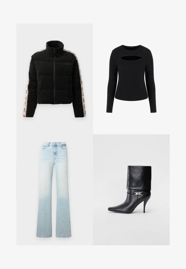 Zwarte pufferjas met een hoge kraag, ritsluiting en gestreepte mouwen met een beige logo-accent. Horizontaal gestikt ontwerp.; Zwarte top met lange mouwen, voorzien van een geribbelde textuur en een unieke uitsnijding op de borst. Hij heeft een ronde halslijn en een aangesloten silhouet.; Lichtblauwe spijkerbroek met wijduitlopende pijpen, voorzien van een geleidelijke ombreffect en een klassieke knoopsluiting.; Zwarte leren enkelboot met een spitse neus, hoge stilettohak, opgevouwen manchet en een gouden decoratieve gespdetails op de enkel.
