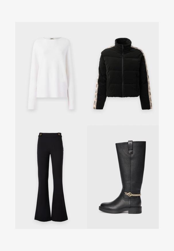 Svart boblejakke med høy krage, glidelås-lukking og mønstrede ermer med en beige logoakcent. Horisontal quiltet design.; Hvit langermet topp med rund hals. Laget av et glatt, lett stoff. Løst snitt, med enkle, rene linjer.; Sorte flared bukser lavet af strækbart materiale. Har to guldtonede knapper i taljen. Glat tekstur og tætsiddende over hoften.; Sorte lærkne-høye støvler med en teksturert overflate, prydet med en dekorativ gullkjede aksent og en flat gummisåle.