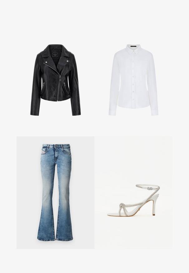 Čierna kožená motorkárska bunda s vykrojeným golierom, asymetrickým zipsom a bočnými vreckami so zipsom. Hladká textúra s minimalistickými detailmi.; Biela košeľa s dlhými rukávmi, ktorá má golier, zapínanie na knoflíky a manžety. Vyrobená z hladkej látky s priliehavým strihom a bez viditeľných vzorov.; Svetlomodré rozšírené džínsy z denimu s vybledným prádlem, s piatimi vreckami a páskovými slučkami, so zapínaním na gombík a zips.; Biele sandále na vysokom opätku s textúrovaným pásikom zdobeným kamienkami, otvorenou špičkou a popruhom okolo členka s nastaviteľnou prackou.