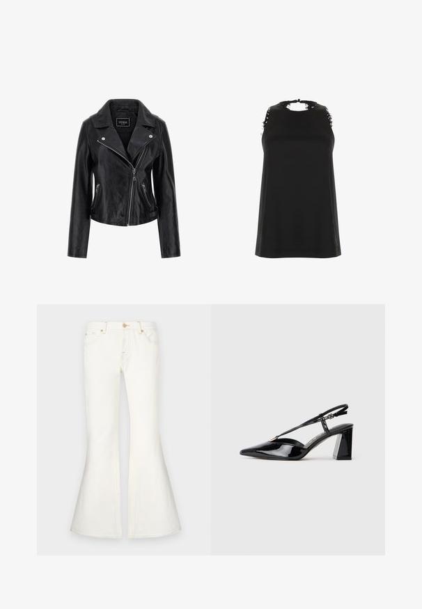 Fekete bőr motoros dzseki, amely kivágott gallérral, aszimmetrikus cipzáras záródással és cipzáras oldalsó zsebekkel rendelkezik. Simább felület, minimális részletezéssel.; Fekete, ujj nélküli felső, magas nyakkivágással, amely szakadt csipke díszítéssel rendelkezik a vállaknál, és sima, puha tapintású.; Fehér, magas derékú, trapéz farmernadrág. Jellemzői közé tartozik a díszvarrás és az elülső zsebek. Simára kidolgozott textúra, strukturált dizájnnal.; Fekete lakk bőrből készült slingback magas sarkú cipők hegyes orral, állítható pánttal és vastag téglalap alakú sarokkal.