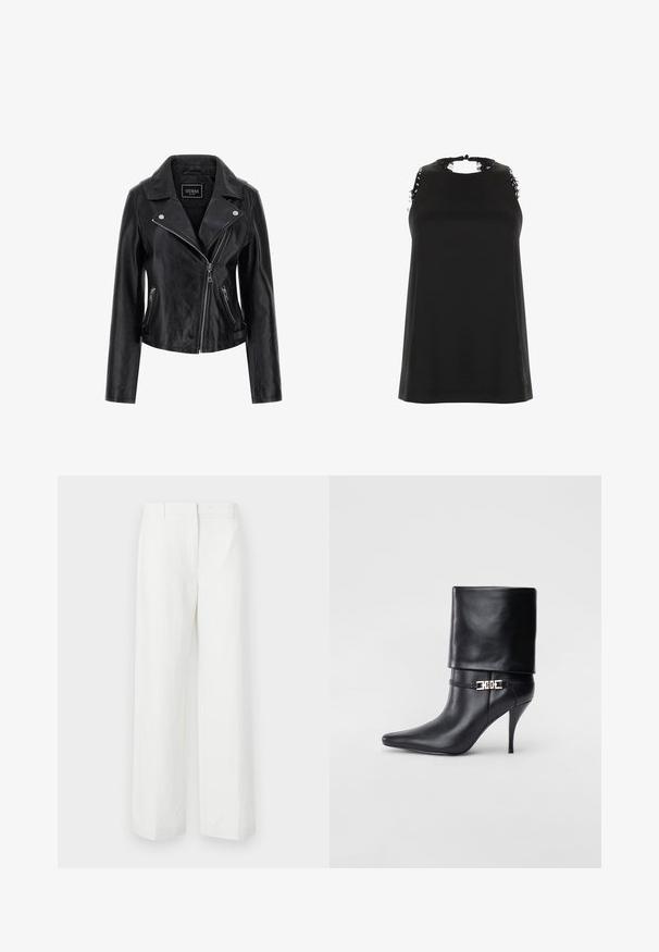 Veste de moto en cuir noir avec un col cranté, fermeture éclair asymétrique et poches latérales zippées. Texture lisse avec un minimum de détails.; Top noir sans manches avec un col montant, présentant des accents de dentelle effilochée sur les épaules et une texture lisse et douce.; Pantalons blancs à jambes larges avec une texture lisse, présentant un devant plat et des plis marqués. Fabriqués en tissu léger, sans motifs visibles.; Bottine en cuir noir avec un bout pointu, un haut talon aiguille, un revers, et un détail décoratif en boucle dorée au niveau de la cheville.