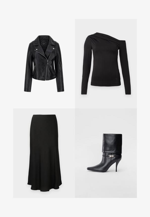 Veste de moto en cuir noir avec un col cranté, fermeture éclair asymétrique et poches latérales zippées. Texture lisse avec un minimum de détails.; Haut noir à manches longues avec un décolleté asymétrique, mettant en valeur une épaule dénudée et un drapé délicat sur la poitrine.; Jupe midi noire, fluide, fabriquée en tissu doux. Présente une taille lisse et un ourlet légèrement évasé avec une silhouette élégante.; Bottine en cuir noir avec un bout pointu, un haut talon aiguille, un revers, et un détail décoratif en boucle dorée au niveau de la cheville.