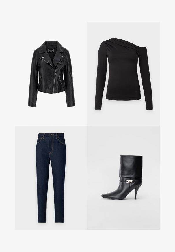 Black leather motorcycle jacket featuring a notched collar, asymmetrical zip closure, and zippered side pockets. Smooth texture with minimal detailing.; Black long-sleeve top with an asymmetrical neckline, featuring one shoulder exposed and gentle draping across the chest.; Dark denim jeans with a straight leg design. Features front pockets, back pockets, and contrasting yellow stitching. Classic button closure.; Black leather ankle boot with a pointed toe, high stiletto heel, fold-over cuff, and a gold decorative buckle detail on the ankle.
