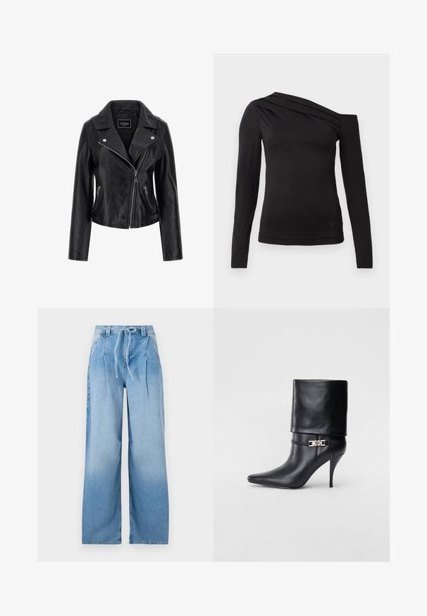 Černá kožená motocyklová bunda se zářezovým límcem, asymetrickým zipem a bočními kapsami na zip. Hladká textura s minimálním zdobením.; Černý top s dlouhým rukávem a asymetrickým výstřihem, jedním ramenem odkrytým a jemným drapováním přes hrudník.; Světle modré denimové kalhoty širokého střihu s plisé detailem, elastickým páskem a stahovací šňůrkou. Hladký povrch a celkový dlouhý design.; Černé kožené kotníkové boty s špičatou špičkou, vysokým stiletto podpatkem, ohrnovací manžetou a zlatým ozdobným přezkovým detailem na kotníku.