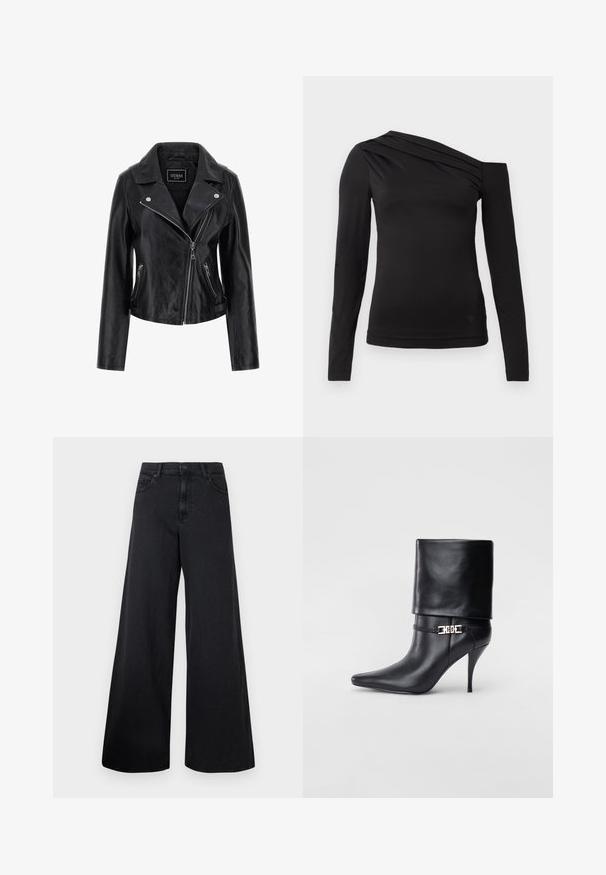Zwarte leren motorjack met een gekartelde kraag, asymmetrische ritssluiting en ritssluitende zijzakken. Soepele textuur met minimale details.; Zwart langemouwen top met een asymmetrische halslijn, waarbij één schouder bloot is en zachte draping over de borst valt.; Zwarte wijdvallende denim jeans met hoge taille en sluiting met een voorste knoop, weergegeven tegen een effen achtergrond.; Zwarte leren enkelboot met een spitse neus, hoge stilettohak, opgevouwen manchet en een gouden decoratieve gespdetails op de enkel.