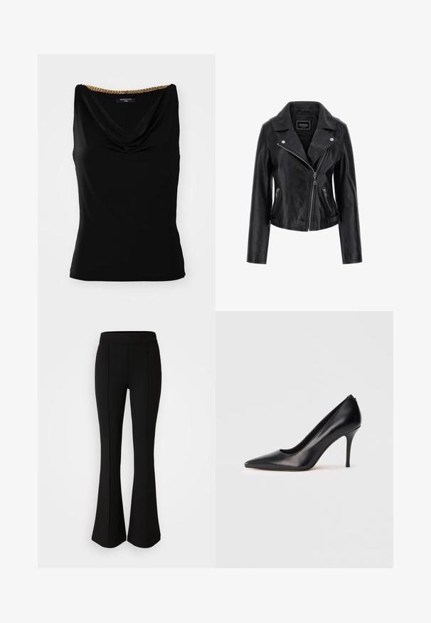 Schwarze Leder-Motorradjacke mit aufgeklebtem Kragen, asymmetrischem Reißverschluss und seitlichen Taschen mit Reißverschluss. Glatte Textur mit minimalen Details.; Schwarzes ärmelloses Oberteil mit einem drapierten Ausschnitt und einem goldenen Kettenakzent an der Schulter. Hergestellt aus glattem Stoff mit einer figurschmeichelnden Passform.; Schwarze, ausgestellte Hose aus einem dehnbaren Material mit glatter Textur, ausgestattet mit Nahtdetails an der Vorderseite für ein zusätzliches Designelement.; Schwarzer, hochhackiger Lederpumps mit spitzer Schuhspitze, glatter Textur und elegantem Design. Verfügt über einen schlanken, erhöhten Absatz und eine tief ausgeschnittene Vorderseite.