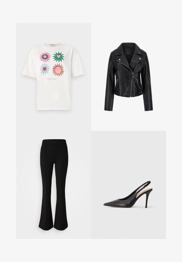 Black leather motorcycle jacket featuring a notched collar, asymmetrical zip closure, and zippered side pockets. Smooth texture with minimal detailing.; White cotton t-shirt featuring a design with four colorful flower motifs in pink, green, blue, and brown, with printed text below.; Black flared pants made of a stretchy material with a smooth texture, featuring seam details along the front for added design.; Black leather slingback high heel shoe with a pointed toe, smooth texture, and a delicate strap featuring a metallic buckle.