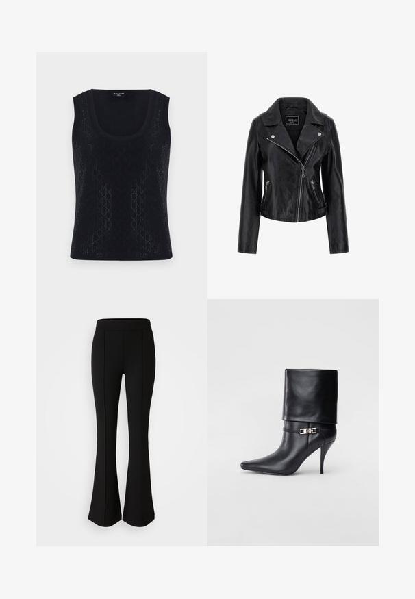 Fekete bőr motoros dzseki, amely kivágott gallérral, aszimmetrikus cipzáras záródással és cipzáras oldalsó zsebekkel rendelkezik. Simább felület, minimális részletezéssel.; Fekete atlétatrikó, lekerekített nyakkivágással, apró geometriai formákból álló textúrával és diszkrét fényességgel. Az anyag könnyű és sima.; Fekete, elasztikus anyagból készült, sima textúrájú, bővülő nadrág, elülső varrásokkal a dizájn fokozása érdekében.; Fekete bőr bokacsizma hegyes orral, magas stiletto sarokkal, hajtott szegéllyel és arany díszcsattal a bokán.