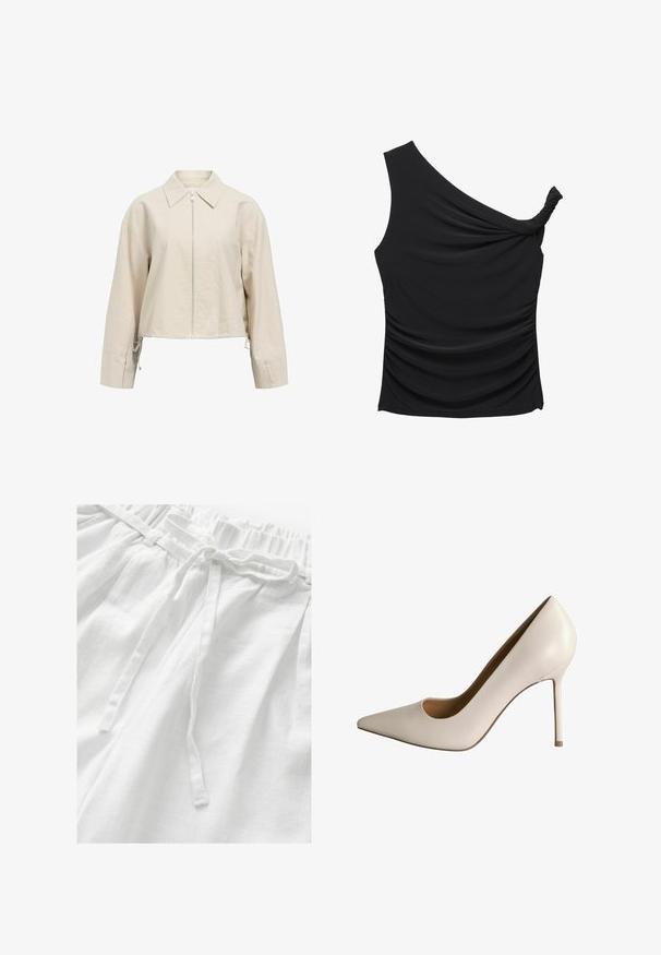 Krémová zkrácená bunda s roztaženým límcem, předním zipovým zapínáním a dlouhými rukávy. Obsahuje nastavitelné tkaničky na lemu.; Černý top na jedno rameno vyrobený z měkké, elastické látky s bočními řasením a zkrouceným detailem na výstřihu. Hladká textura a štíhlý střih.; Bílé lněné kalhoty s elastickým pasem a odpovídajícím šňůrkovým stahováním, vyrobené z měkké, texturované látky pro pohodlí a prodyšnost.; Bílé kožené lodičky na vysokém podpatku s špičatou špičkou a vykrojeným detailem. Mají štíhlý stiletto podpatek a hladký povrch, navrženo pro formální nošení.
