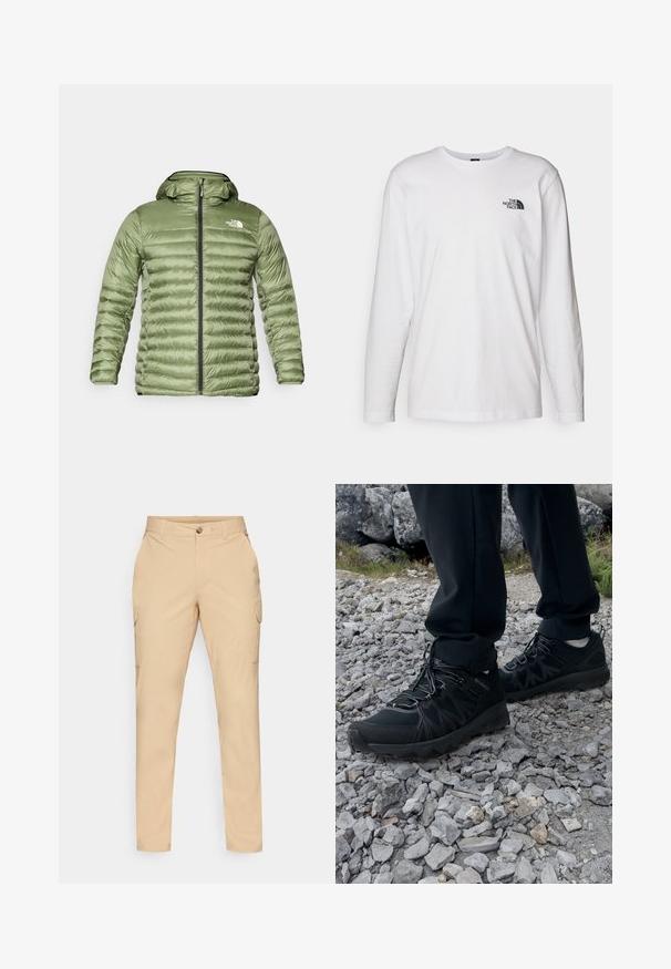 Olive green puffer jacket with a hood, featuring a quilted design, zipper closure, and logo accent on the upper left side.; White long-sleeve T-shirt made of cotton with a crew neck. Features a small black logo on the chest. Smooth texture, regular fit.; Beige cargo pants featuring a button closure, slim fit, side pockets, and a smooth cotton blend fabric. No visible patterns or accents.; Black outdoor shoes with mesh and synthetic material, featuring a textured upper, secured lacing system, and a rugged outsole, on rocky terrain.