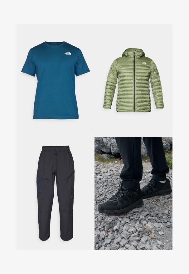 Olive green puffer jacket with a hood, featuring a quilted design, zipper closure, and logo accent on the upper left side.; The North Face M SS BOX NSE TEE - Print T-shirt - midnight petrol/red; Black cargo pants made from a lightweight, water-resistant material; features elastic waistband, multiple zippered pockets, and tapered legs.; Black outdoor shoes with mesh and synthetic material, featuring a textured upper, secured lacing system, and a rugged outsole, on rocky terrain.