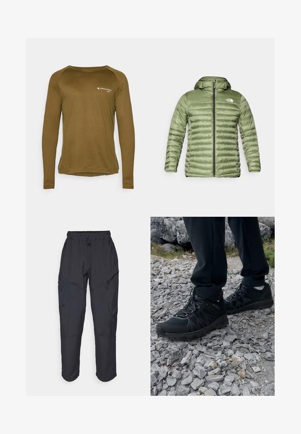 Olive green puffer jacket with a hood, featuring a quilted design, zipper closure, and logo accent on the upper left side.; Long-sleeve shirt in olive green, made of textured fabric. Features a rounded neckline and a small logo on the front side.; Black cargo pants made from a lightweight, water-resistant material; features elastic waistband, multiple zippered pockets, and tapered legs.; Black outdoor shoes with mesh and synthetic material, featuring a textured upper, secured lacing system, and a rugged outsole, on rocky terrain.