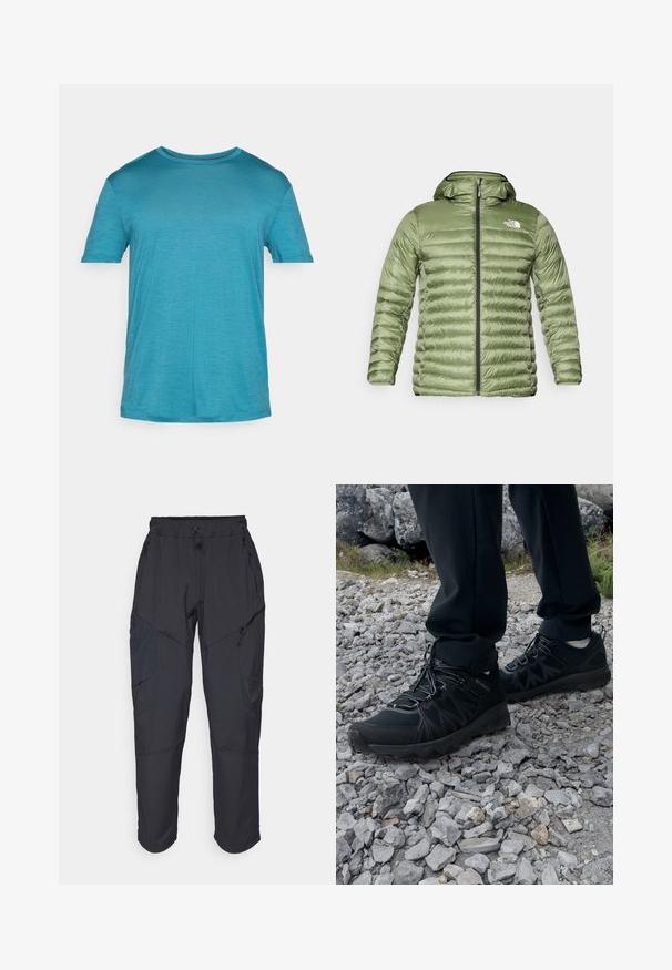 Casaco de puffer verde-oliva com capuz, apresentando um design acolchoado, fecho com zíper e detalhe do logótipo no lado superior esquerdo.; T-shirt turquoise de manga curta feito de um tecido leve. Decote redondo, textura suave e um padrão acinzentado subtil por toda a peça.; Calças cargo pretas feitas de um material leve e resistente à água; apresentam uma cintura elástica, múltiplos bolsos com fecho e pernas ajustadas.; Sapatos pretos para exterior, feitos de material em malha e sintético, com um cabedal texturizado, sistema de atilho seguro e uma sola robusta, sobre terreno rochoso.