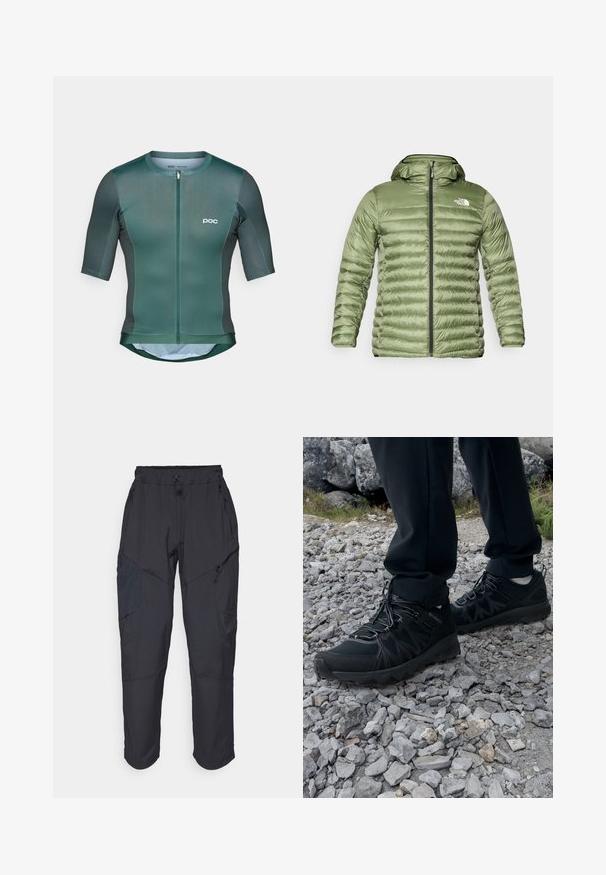 Olive green puffer jacket with a hood, featuring a quilted design, zipper closure, and logo accent on the upper left side.; Short-sleeve cycling jersey in dark green fabric with a smooth texture, features a front zipper, and white logo on the chest.; Black cargo pants made from a lightweight, water-resistant material; features elastic waistband, multiple zippered pockets, and tapered legs.; Black outdoor shoes with mesh and synthetic material, featuring a textured upper, secured lacing system, and a rugged outsole, on rocky terrain.
