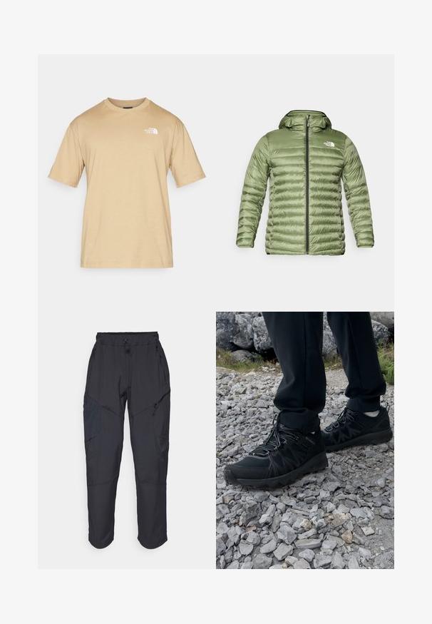 Oliven grøn pufferjakke med hætte, med et quiltet design, lynlåslukning og logoaccent på den øverste venstre side.; Kortærmet beige t-shirt lavet af blødt stof. Har et lille hvidt logo på venstre bryst og et rundhalset design.; Sorte cargo bukser lavet af et let, vandafvisende materiale; har elastisk talje, flere lynlåslommer og tætsiddende ben.; Sorte udendørssko med mesh og syntetisk materiale, med en tekstureret overdel, sikre snørebånd og en robust ydersål, på klippelandskab.