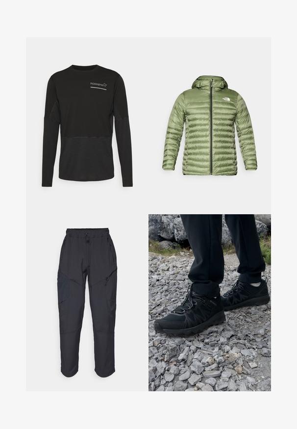 Maslinasto zelena puffer jakna s kapuljačom, koja ima kvadratni dizajn, zatvaranje na patentni zatvarač i logotip na gornjoj lijevoj strani.; Norrøna SENJA EQUALISER LIGHTWEIGHT LONG SLEEVE - Top dugih rukava - caviar; Crne cargo hlače izrađene od laganog, vodootpornog materijala; imaju elastičnu utakmicu u struku, više munje na džepovima i sužene nogavice.; Crne vanjske cipele s mrežastim i sintetičkim materijalom, s teksturiranim gornjim dijelom, osiguranim sustavom vezanja i čvrstim potplatom, na stjenovitom terenu.