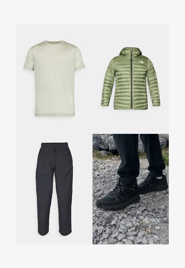 Olive green puffer jacket with a hood, featuring a quilted design, zipper closure, and logo accent on the upper left side.; Light green short-sleeve t-shirt made of soft fabric. Features a crew neck and “MAMMUT” logo printed in white on the chest.; Black cargo pants made from a lightweight, water-resistant material; features elastic waistband, multiple zippered pockets, and tapered legs.; Black outdoor shoes with mesh and synthetic material, featuring a textured upper, secured lacing system, and a rugged outsole, on rocky terrain.