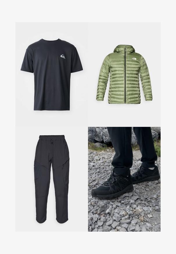 Olive green puffer jacket with a hood, featuring a quilted design, zipper closure, and logo accent on the upper left side.; Black short-sleeve T-shirt made from a smooth fabric, featuring a small white logo on the left chest area. Regular fit with a round neck.; Black cargo pants made from a lightweight, water-resistant material; features elastic waistband, multiple zippered pockets, and tapered legs.; Black outdoor shoes with mesh and synthetic material, featuring a textured upper, secured lacing system, and a rugged outsole, on rocky terrain.