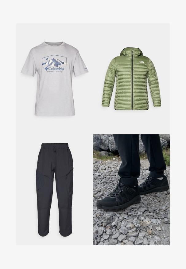 Olivově zelená péřová bunda s kapucí, s prošívaným designem, zapínáním na zip a logem na levé horní straně.; Šedé tričko s krátkým rukávem vyrobené z měkké tkaniny, na kterém je modrá grafika hory a text "Columbia Sportswear Company". Jednoduchý, kulatý výstřih.; Černé cargo kalhoty vyrobené z lehkého, voděodolného materiálu; mají elastický pas, několik kapes na zip a zúžené nohavice.; Černé venkovní boty z prodyšného a syntetického materiálu, s texturovaným svrškem, bezpečným šněrovacím systémem a robustní podrážkou, na skalnatém terénu.