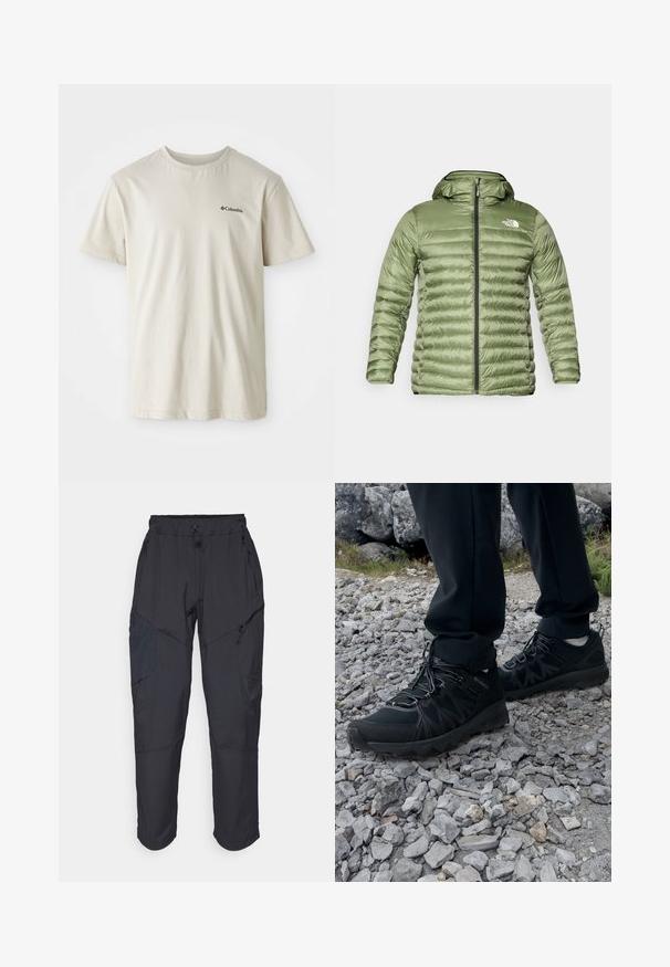 Giubbotto imbottito verde oliva con cappuccio, caratterizzato da un design trapuntato, chiusura con zip e logo in evidenza sulla parte superiore sinistra.; T-shirt in cotone beige con maniche corte, collo rotondo e un piccolo logo nero sull'area sinistra del petto. Tessuto liscio e senza decorazioni.; Pantaloni cargo neri realizzati in un materiale leggero e resistente all'acqua; presentano una vita elastica, diverse tasche con zip e gambe affusolate.; Scarpe da esterni nere realizzate in mesh e materiale sintetico, con una parte superiore testurizzata, un sistema di allacciatura sicuro e una suola robusta, su terreno roccioso.