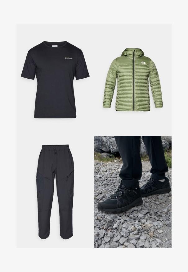 Oliven grønn puffjakke med hette, med en quiltet design, glidelås-lukking, og logo accent på øvre venstre side.; Svart t-skjorte med korte ermer laget av glatt stoff, med en liten hvit Columbia-logo på øvre venstre brystområde. Klassisk crewneck-design.; Sorte cargo bukser laget av et lett, vannavvisende materiale; har elastisk midje, flere glidelåslommer og smale ben.; Sorte utendørssko i svart med mesh og syntetisk materiale, med en teksturert overdel, sikret snøresystem og en robust såle, på steinete terreng.