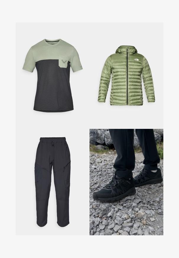 Doudoune vert olive avec capuche, présentant un design matelassé, une fermeture éclair et un accent de logo sur le côté supérieur gauche.; T-shirt à manches courtes avec une partie supérieure vert clair et une partie inférieure gris foncé, doté d'une poche poitrine et d'un détail de logo.; Pantalons cargo noirs en matériau léger et résistant à l'eau ; dotés d'une taille élastique, de plusieurs poches zippées et de jambes fuselées.; Chaussures d'extérieur noires en matériau synthétique et en maille, présentant une tige texturée, un système de lacets sécurisé et une semelle extérieure robuste, sur un terrain rocailleux.