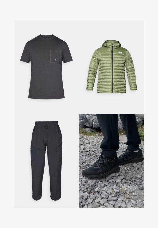 Olive green puffer jacket with a hood, featuring a quilted design, zipper closure, and logo accent on the upper left side.; Dark gray crew neck t-shirt made from soft fabric, featuring a chest pocket outlined in darker gray and a small blue logo on the pocket.; Black cargo pants made from a lightweight, water-resistant material; features elastic waistband, multiple zippered pockets, and tapered legs.; Black outdoor shoes with mesh and synthetic material, featuring a textured upper, secured lacing system, and a rugged outsole, on rocky terrain.