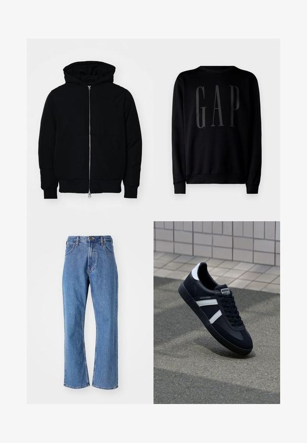 Juodas gobtuvėlis su priekiniu užtrauktuku, kengūros tipo kišene, lygiais rankogaliais ir apvadu, pateiktas ant vientiso balto fono.; GAP Sportinis megztinis - black; Mėlynos aukštai tiesios kojos džinsai su priekinių kišenių, dirželių kilpelių ir sagos uždarymu ant balto fono.; Juodas odinis sportinis batelis su baltais dryžiais, tekstūruota gumine padais ir raišteliais priekyje. Yra prekės ženklą žymintis etiketė ant liežuvio.