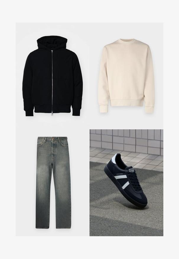 Czarna kurtka z kapturem, z suwakiem z przodu, kieszenią kangurką, ściągaczami przy mankietach i dolnym brzegu, prezentowana na jednolitym białym tle.; Beżowy sweter w luźnym kroju, z okrągłym dekoltem, długimi rękawami, prążkowanymi mankietami i dołem. Gładka faktura z minimalnym zdobieniem.; Jack & Jones JJIALEX JJCOOPER czarny denim; Czarne skórzane sneakersy z białymi paskami, teksturowana gumowa podeszwa i sznurowane z przodu. Posiadają metkę marki na języku.