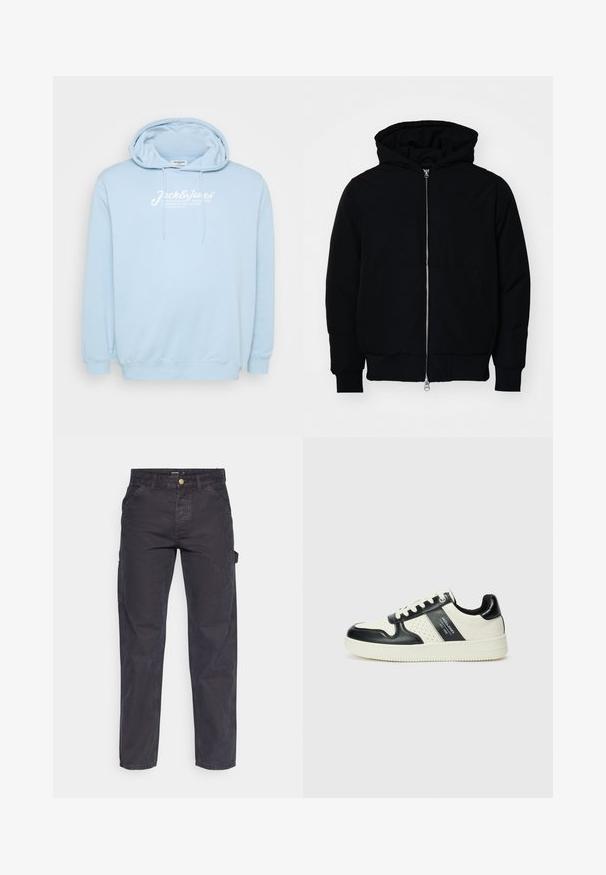 Melna kapucēta jaka ar priekšējo rāvējslēdzēju, kenguru kabatu, ribinātām aprocēm un apakšmalu, parādīta uz vienkārša balta fona.; Gaiši zils kapucis džemperis ar priekšējo kangaroo kabatu, aukliņu kapuci un baltu logo tekstu uz krūtīm. Izgatavots no mīksta auduma ar ribotiem piedurkņu galiem.; Tumši pelēki kravas bikses, kas izgatavotas no izturīga auduma, ar taisnu piegriezumu, piecām kabatām un pogu aizdari viduklī.; Ādas sporta apavi ar melnbaltu krāsu shēmu, ar perforētiem akcentiem, mīkstinātu apkakli un teksturētu zoli.