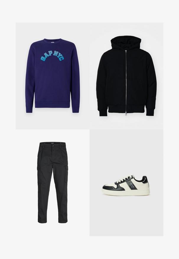 Črna kapuca jakna s sprednjim zadrgo, kenguru žepom, rebrastimi manšetami in hemom, razstavljena na enostavni beli ozadju.; Mornarska dukserica iz bombaža, s tekstom "GAP NYC" v svetlo modri vezenem lok stilu spredaj. Klasičen kroj z okroglo odprtino za vrat.; Črne cargo hlače iz trdnega blaga, ki imajo več žepov, gumbasto zapiranje in ozek kroj z zožanimi nogami.; Usnjeni športni čevlji z črno in krem barvno shemo, ki vključujejo perforirane dodatke, podložen ovratnik in strukturirano podplat.