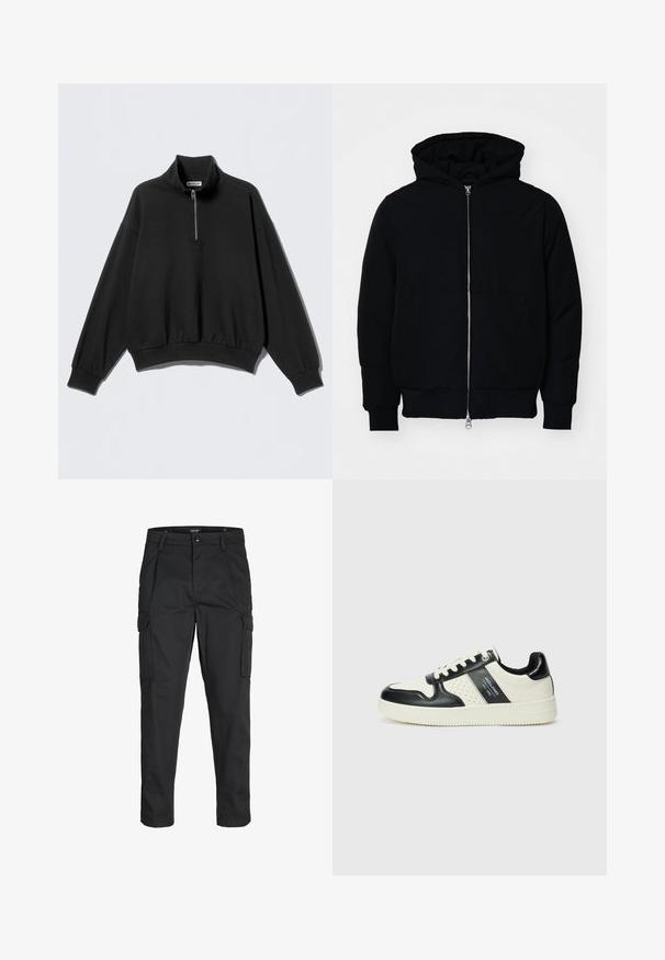 Mustaga kapuutsiga jakk, millel on esineed, kenguru tasku, soonikkoes, ja alläär, esitatud lihtsal valgel taustal.; Mustad pusa kõrge krae ja poole lukuga, millel on langenud õlad ja sooniline äär. Valmistatud pehmest, tekstuuriga kangast.; Mustad mustapõlvik, mis on valmistatud tugeva koe kasutades, sisaldab mitmeid taskuid, nupule kinnitatav sulgemine ja kitsenev disain.; Nahatud nahkkingad musta ja kreemi värviskeemiga, millel on perforeeritud aktsendid, pehme krae ja tekstureeritud tallad.