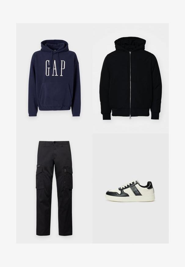 Černá kapucňová bunda s předním zipem, klokaní kapsou, vroubkovanými manžetami a spodním lemem, vystavená na čistém bílém pozadí.; Tmavě modrá mikina s kapucí, přední kapsou a bílým logem "GAP" umístěným na středu hrudi, s kapucí na stažení a elastickým lemem.; Černé cargo kalhoty s několika kapsami, zipovou kapsou na stehnu, přímým střihem a pevnou bavlněnou tkaninou s lehkým leskem.; Kožené tenisky s černobílou barevnou kombinací, které mají perforované detaily, polstrovaný límec a texturovanou podrážku.