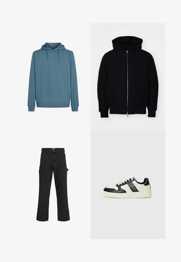 Giacca nera con cappuccio, dotata di zip frontale, tasca a marsupio, polsini e orlo a coste, esposta su uno sfondo bianco semplice.; Felpa con cappuccio in morbido tessuto blu testurizzato. Presenta cordini, una zona tasca frontale e un piccolo logo sul petto.; Pantaloni cargo neri in tessuto misto cotone. Presentano gambe ampie, tasche anteriori oblique e una tasca laterale con un anello per accessori.; Sneakers in pelle con una combinazione di colori nero e crema, dotati di dettagli perforati, collare imbottito e suola testurizzata.