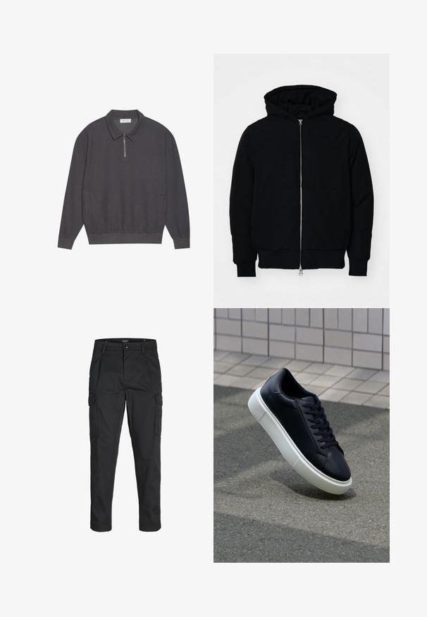 Črna kapuca jakna s sprednjim zadrgo, kenguru žepom, rebrastimi manšetami in hemom, razstavljena na enostavni beli ozadju.; Temno siva polo majica z dolgimi rokavi in z zadrgo pri ovratniku, rebrasto teksturo, elastičnimi manšetami in stranskimi žepi. Prijeten in vsestranski dizajn.; Črne cargo hlače iz trdnega blaga, ki imajo več žepov, gumbasto zapiranje in ozek kroj z zožanimi nogami.; Črne usnjene superge z zaobljenim prstom in belim gumijastim podplat. Imajo ravne vezalke in minimalno šivanje na zgornjem delu. Teksturirani podplat za oprijem.