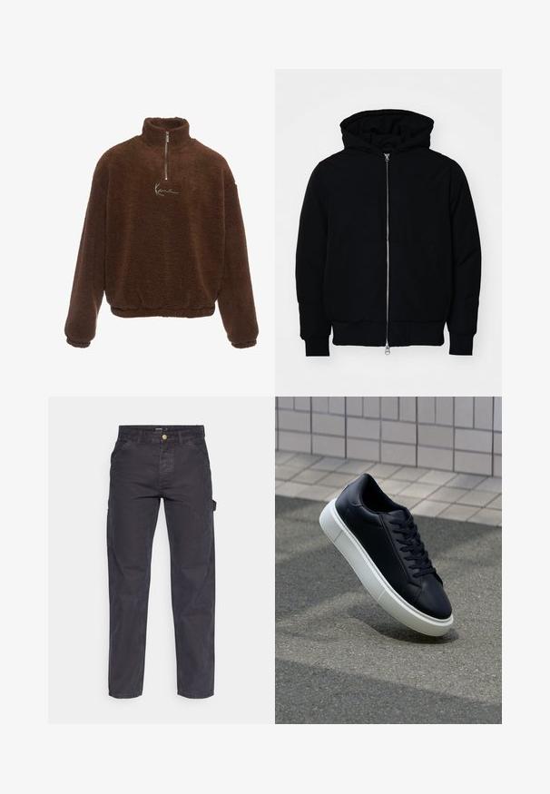 Crna kapuška jakna s prednjim zatvaračem, kenguru džepom, rebrastim manžetama i rubom, prikazana na običnoj bijeloj pozadini.; Smešani smeđi flis pulover s visokim ovratnikom, prednjim zatvaračem do pola i dugim rukavima. Na grudima se nalazi bijeli logo. Mekana, teksturirana tkanina.; Tamno sivi cargo hlače od izdržljivog materijala, s ravnim krojem, pet džepova i kopčanjem na dugme u struku.; Crne kožne tenisice s zaobljenim vrhom i bijelim gumiranim potplatom. Imaju ravne vezice i minimalno šivanje na gornjem dijelu. Teksturirani potplat za bolje prianjanje.