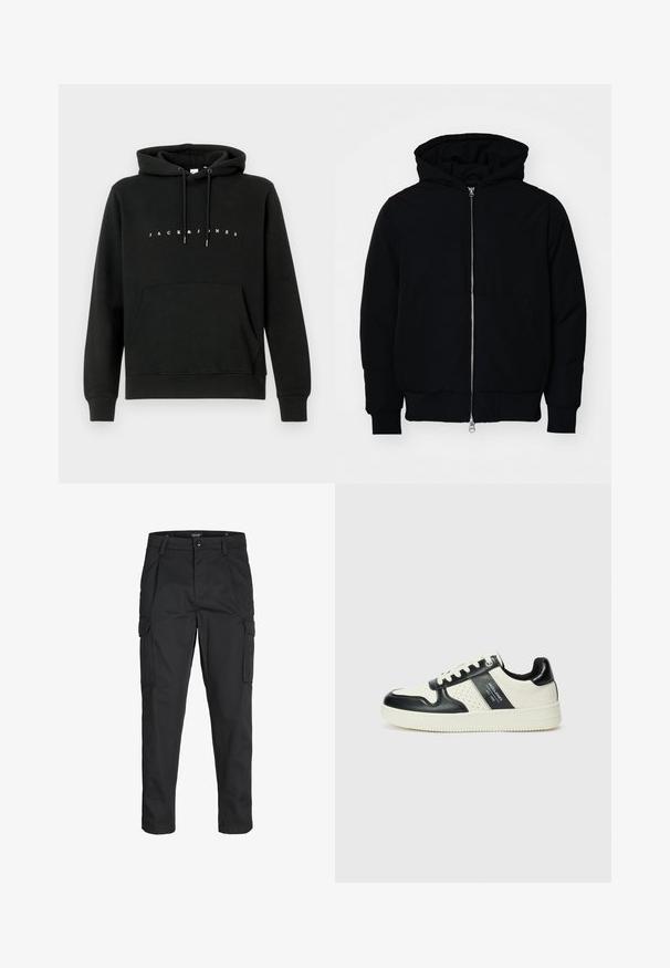Crna kapuška jakna s prednjim zatvaračem, kenguru džepom, rebrastim manžetama i rubom, prikazana na običnoj bijeloj pozadini.; Crna pamučna dukserica s prednjim kengur džepom, kapuljačom s vezicom i bijelim tekstom "JACK & JONES" na prsima. Mekana tekstura.; Crne cargo hlače izrađene od čvrstog materijala, s brojnim džepovima, kopčanjem na gumb i dizajnom koji pomaže da se prilagode tijelu sa suženim nogavicama.; Kožne tenisice s crno-bijelom paletom boja, koje imaju perforirane akcentne detalje, podstavljeni ovratnik i teksturiranu potplat.